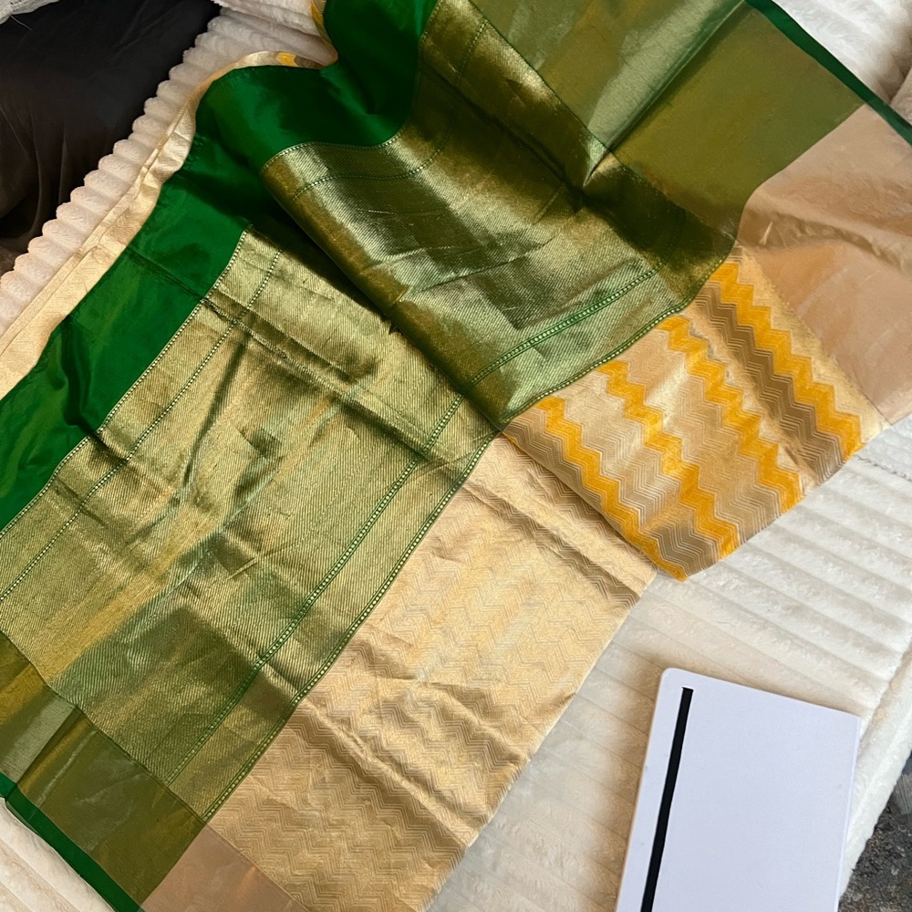 Green and Gold Silk cotton saree with gold work